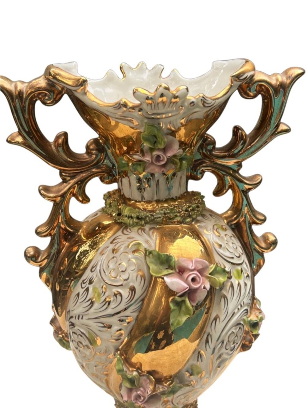 Vintage Ornate Porcelain Vase With Gold Detailing & Floral Accents - Picture 5 of 8